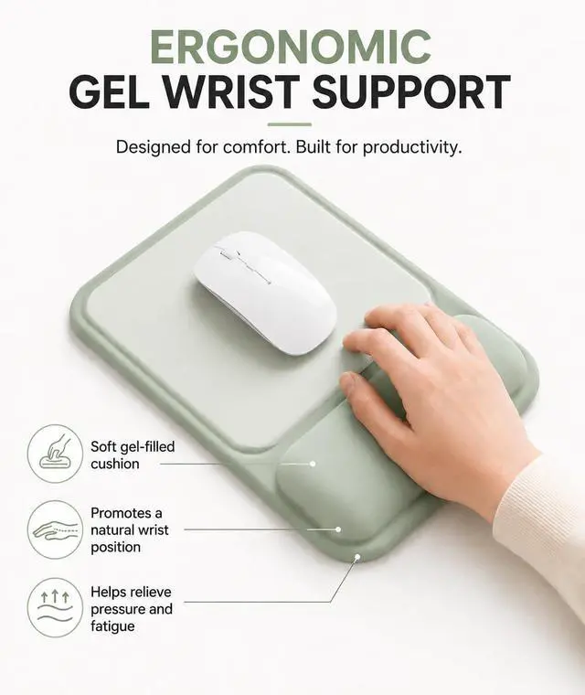 Alt view image 2 of 7 - Ergonomic Mouse Pad with Wrist Rest Gel Mousepad with Soft Wrist Support Non-Slip PU Base Smooth Surface Mouse Pad for Wrist Pain Relief Computer Laptop Office Home & Gaming (Sage Green)