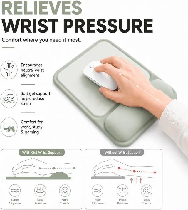 Alt view image 4 of 7 - Ergonomic Mouse Pad with Wrist Rest Gel Mousepad with Soft Wrist Support Non-Slip PU Base Smooth Surface Mouse Pad for Wrist Pain Relief Computer Laptop Office Home & Gaming (Sage Green)