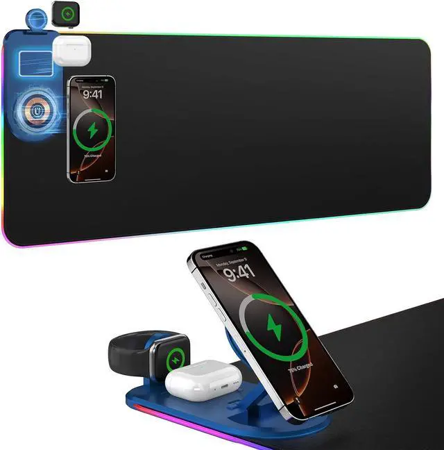 Main image of Wireless Charging RGB Gaming Mouse Pad with Foldable Phone Holder 3 in 1 Magnetic Charging Station Large Desk Mat Waterproof Surface Non-Slip Rubber Base for Gaming and Home Office