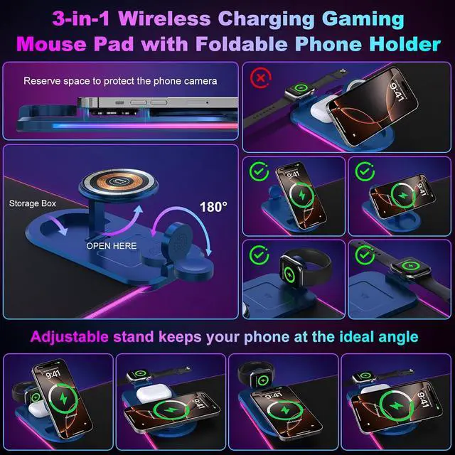Alt view image 3 of 7 - Wireless Charging RGB Gaming Mouse Pad with Foldable Phone Holder 3 in 1 Magnetic Charging Station Large Desk Mat Waterproof Surface Non-Slip Rubber Base for Gaming and Home Office