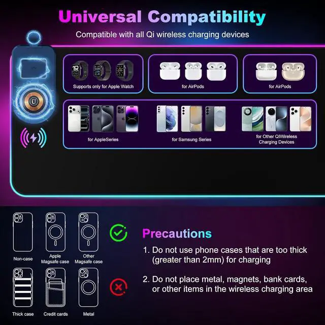 Alt view image 5 of 7 - Wireless Charging RGB Gaming Mouse Pad with Foldable Phone Holder 3 in 1 Magnetic Charging Station Large Desk Mat Waterproof Surface Non-Slip Rubber Base for Gaming and Home Office