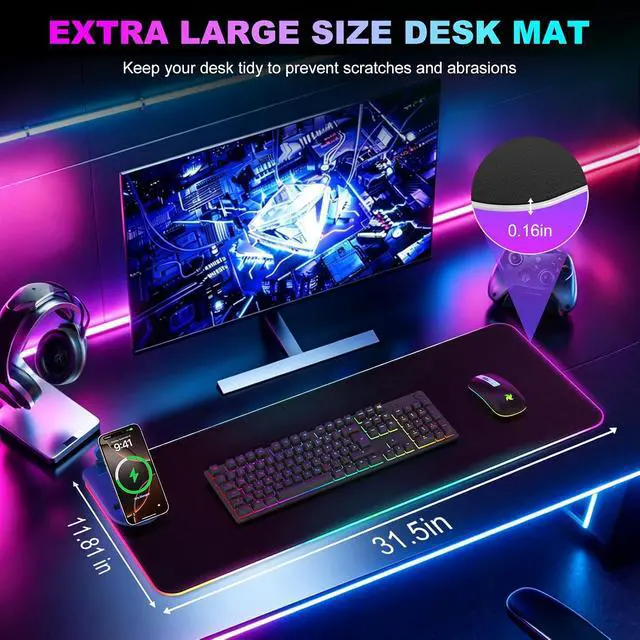 Alt view image 6 of 7 - Wireless Charging RGB Gaming Mouse Pad with Foldable Phone Holder 3 in 1 Magnetic Charging Station Large Desk Mat Waterproof Surface Non-Slip Rubber Base for Gaming and Home Office