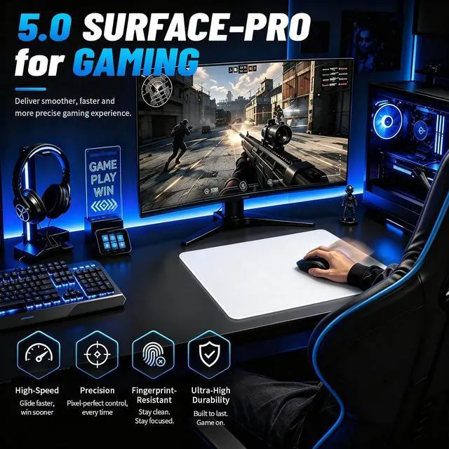 Alt view image 3 of 7 - Glass Gaming Mouse Pad 5.0 Nano Etched Surface Custom PU Non Slip Base Esports Level Speed & Precision Tempered Glass Waterproof & Durable 410mm*310mm Multi-Use Sizes (White)