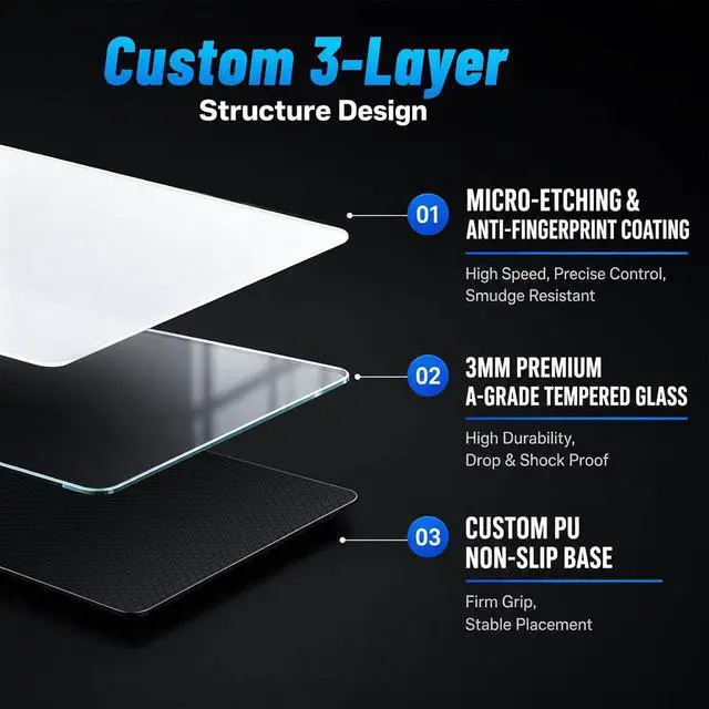 Alt view image 5 of 7 - Glass Gaming Mouse Pad 5.0 Nano Etched Surface Custom PU Non Slip Base Esports Level Speed & Precision Tempered Glass Waterproof & Durable 410mm*310mm Multi-Use Sizes (White)