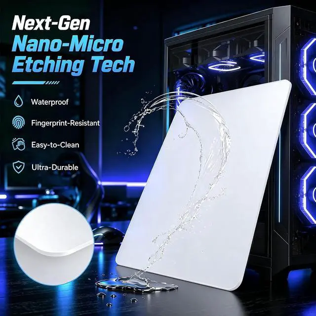 Alt view image 6 of 7 - Glass Gaming Mouse Pad 5.0 Nano Etched Surface Custom PU Non Slip Base Esports Level Speed & Precision Tempered Glass Waterproof & Durable 410mm*310mm Multi-Use Sizes (White)