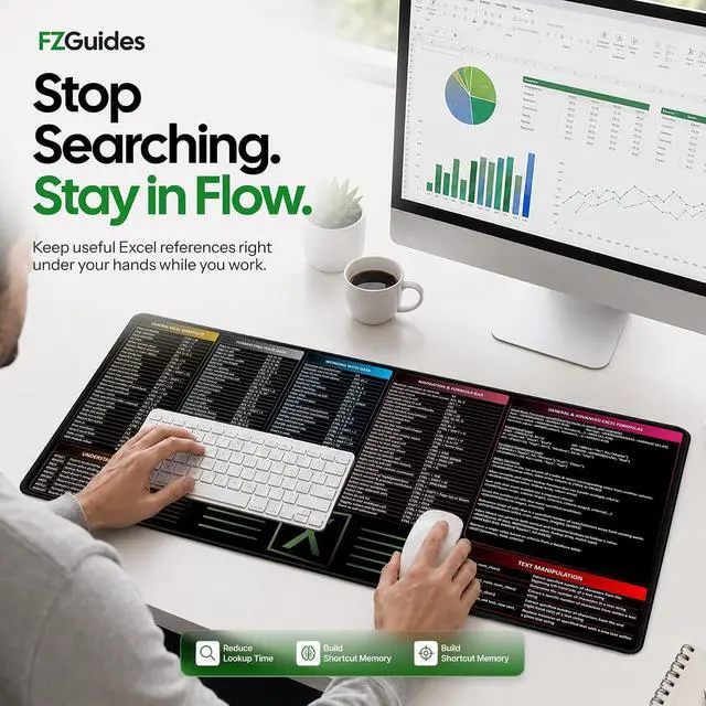 Alt view image 2 of 7 - Large Excel Cheat Sheet Desk Pad | Excel Pad Shortcut Keys Mouse Mat - Extended Office Excel Mouse Pad with Excel Shortcuts & Formulas | Waterproof | XL Giant Deskpad for Desk 35.5 x 15.7
