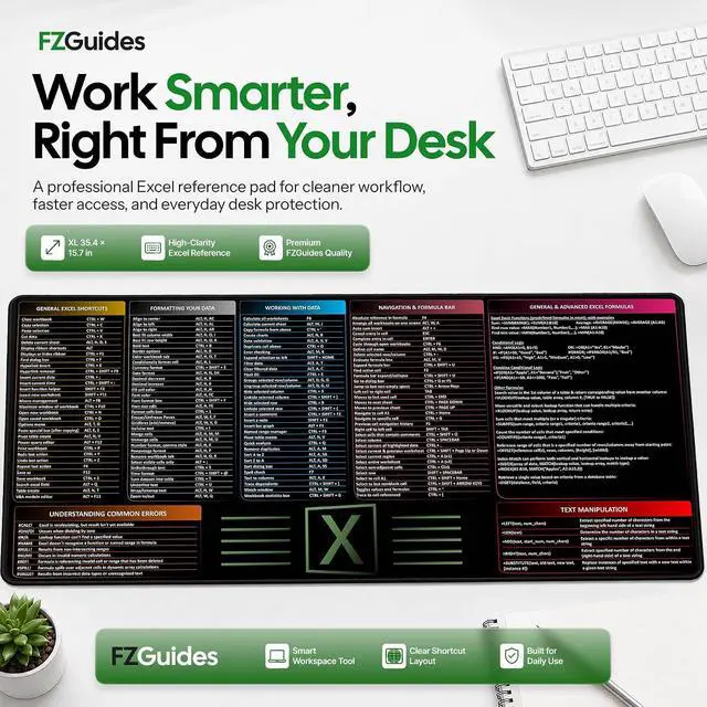 Alt view image 3 of 7 - Large Excel Cheat Sheet Desk Pad | Excel Pad Shortcut Keys Mouse Mat - Extended Office Excel Mouse Pad with Excel Shortcuts & Formulas | Waterproof | XL Giant Deskpad for Desk 35.5 x 15.7