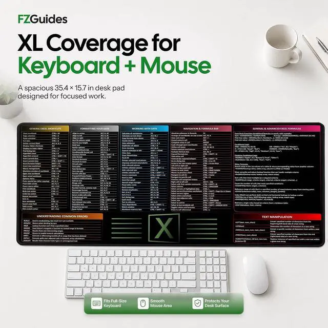 Alt view image 4 of 7 - Large Excel Cheat Sheet Desk Pad | Excel Pad Shortcut Keys Mouse Mat - Extended Office Excel Mouse Pad with Excel Shortcuts & Formulas | Waterproof | XL Giant Deskpad for Desk 35.5 x 15.7