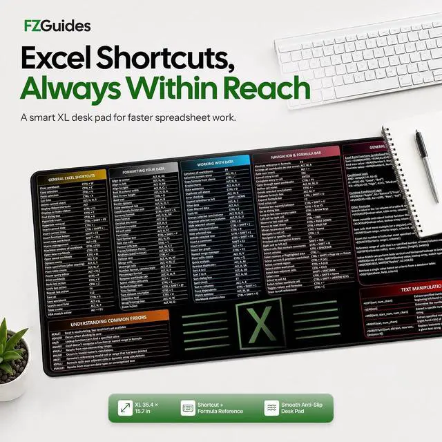 Alt view image 6 of 7 - Large Excel Cheat Sheet Desk Pad | Excel Pad Shortcut Keys Mouse Mat - Extended Office Excel Mouse Pad with Excel Shortcuts & Formulas | Waterproof | XL Giant Deskpad for Desk 35.5 x 15.7