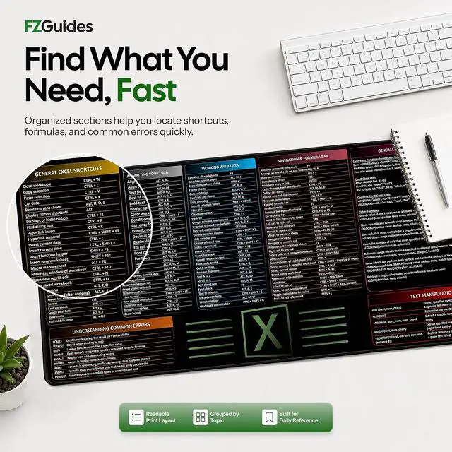 Alt view image 7 of 7 - Large Excel Cheat Sheet Desk Pad | Excel Pad Shortcut Keys Mouse Mat - Extended Office Excel Mouse Pad with Excel Shortcuts & Formulas | Waterproof | XL Giant Deskpad for Desk 35.5 x 15.7
