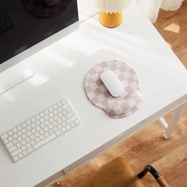 Alt view image 2 of 7 - Beige Khaki Checkered Mouse Pad with Gel Wrist Rest Wrist Support Ergonomic Desk Accessories for Women Office Laptop Gaming Decor Cute Aesthetic Check Design