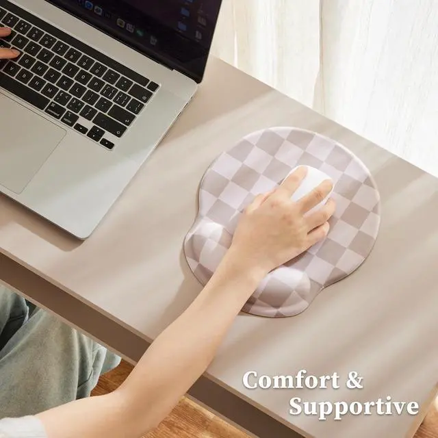 Alt view image 6 of 7 - Beige Khaki Checkered Mouse Pad with Gel Wrist Rest Wrist Support Ergonomic Desk Accessories for Women Office Laptop Gaming Decor Cute Aesthetic Check Design
