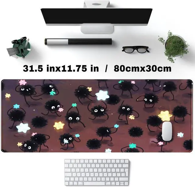 Alt view image 4 of 6 - Desk Pad Anime Black Pom Poms Gaming Mouse Pad Large Star Designs Desk Office Decor Exclusive Beautiful Girls Mouse Pad for Women Desktop with Stitched Edges Non-Slip Computer Mat 31.5x11.8In