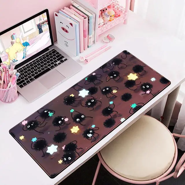 Alt view image 6 of 6 - Desk Pad Anime Black Pom Poms Gaming Mouse Pad Large Star Designs Desk Office Decor Exclusive Beautiful Girls Mouse Pad for Women Desktop with Stitched Edges Non-Slip Computer Mat 31.5x11.8In