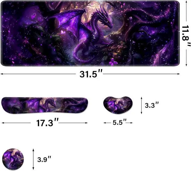Alt view image 4 of 6 - Desk Pad and Keyboard Wrist Rest Large Mouse Pad + Keyboard Pad+Mouse Wrist Support Non-Slip Desk Mat Protector for Office Home 31.5×11.8 Inches Anime Dragon