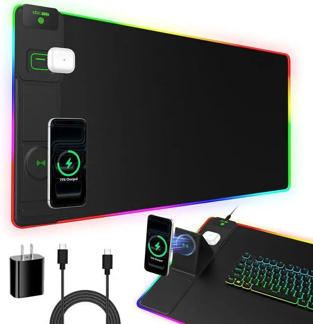 Main image of XXL RGB LED Gaming Mouse Pad with Magnetic Wireless Charger & Foldable Phone Holder 31.5x15.8 Extended Ultra-Smooth Desk Mat 25 Lighting Effects Non-Slip Base Includes 20W PD Adapter