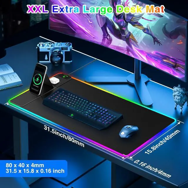 Alt view image 5 of 7 - XXL RGB LED Gaming Mouse Pad with Magnetic Wireless Charger & Foldable Phone Holder 31.5x15.8 Extended Ultra-Smooth Desk Mat 25 Lighting Effects Non-Slip Base Includes 20W PD Adapter