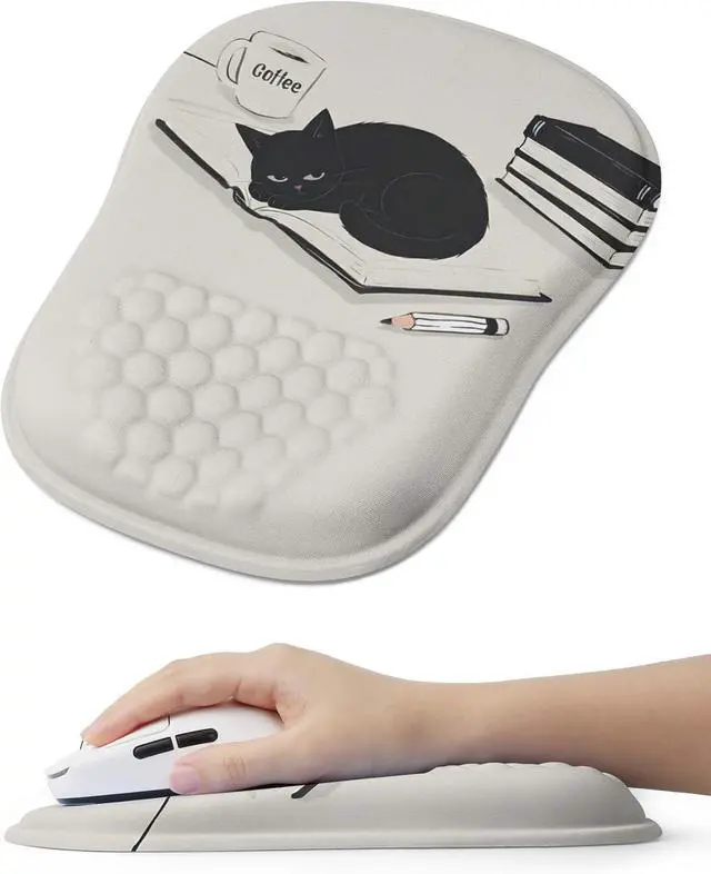 Main image of Ergonomic Mouse Pad with Cute Black Cat Design for Carpal Tunnel Pain Relief 65% Usable Mouse Area Memory Foam Concave Wrist Rest for Office PC Gaming