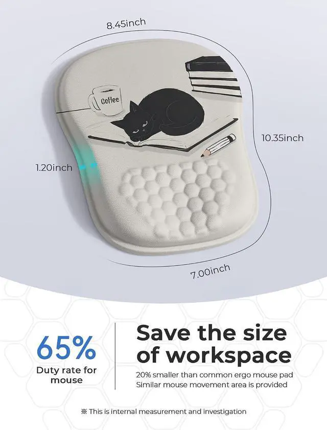 Alt view image 2 of 6 - Ergonomic Mouse Pad with Cute Black Cat Design for Carpal Tunnel Pain Relief 65% Usable Mouse Area Memory Foam Concave Wrist Rest for Office PC Gaming