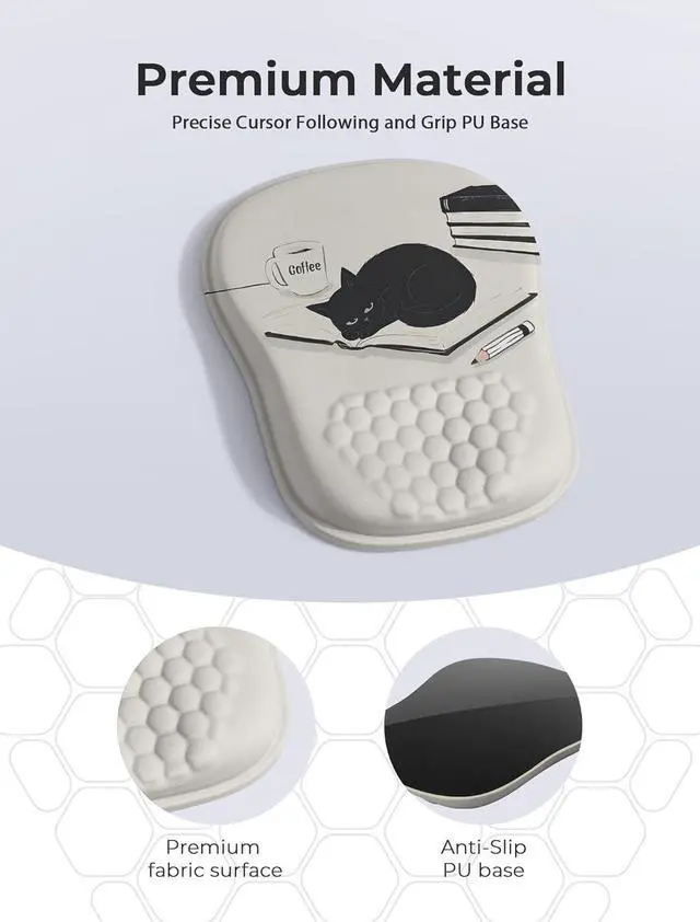 Alt view image 6 of 6 - Ergonomic Mouse Pad with Cute Black Cat Design for Carpal Tunnel Pain Relief 65% Usable Mouse Area Memory Foam Concave Wrist Rest for Office PC Gaming