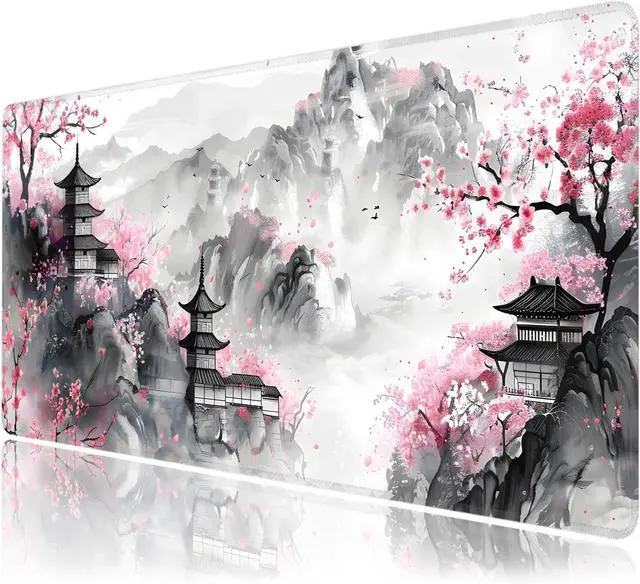 Main image of Japanese Cherry Blossom Large Mouse Pad Gaming Keyboard Desk Pad Extended Mouse Mat Non-Slip Rubber Base with Stitched Edges for Office Game Home XXL 35.4x15.7
