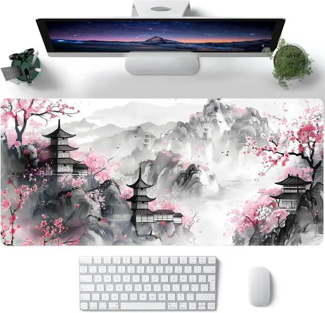 Alt view image 2 of 7 - Japanese Cherry Blossom Large Mouse Pad Gaming Keyboard Desk Pad Extended Mouse Mat Non-Slip Rubber Base with Stitched Edges for Office Game Home XXL 35.4x15.7