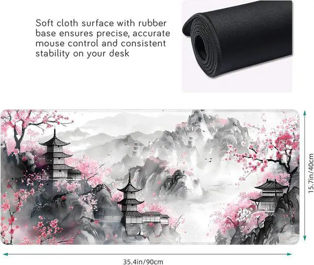 Alt view image 3 of 7 - Japanese Cherry Blossom Large Mouse Pad Gaming Keyboard Desk Pad Extended Mouse Mat Non-Slip Rubber Base with Stitched Edges for Office Game Home XXL 35.4x15.7