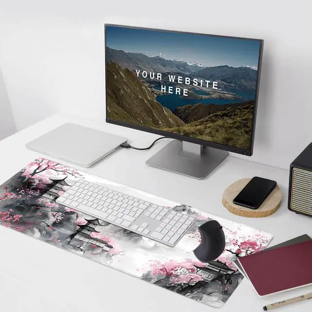 Alt view image 6 of 7 - Japanese Cherry Blossom Large Mouse Pad Gaming Keyboard Desk Pad Extended Mouse Mat Non-Slip Rubber Base with Stitched Edges for Office Game Home XXL 35.4x15.7