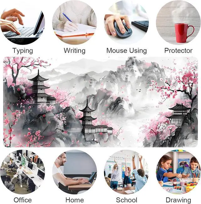 Alt view image 7 of 7 - Japanese Cherry Blossom Large Mouse Pad Gaming Keyboard Desk Pad Extended Mouse Mat Non-Slip Rubber Base with Stitched Edges for Office Game Home XXL 35.4x15.7