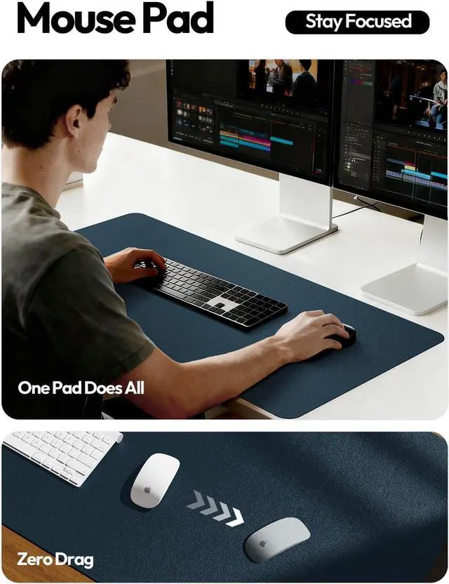 Alt view image 4 of 7 - Leather Desk Protector Office Mat Large Mouse Mat Non-Slip PU Leather Blotter Laptop Pad Waterproof Writing Pad for Office and Home (Dark Blue 31.5 x 15.8)