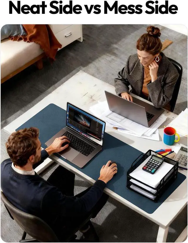 Alt view image 6 of 7 - Leather Desk Protector Office Mat Large Mouse Mat Non-Slip PU Leather Blotter Laptop Pad Waterproof Writing Pad for Office and Home (Dark Blue 31.5 x 15.8)