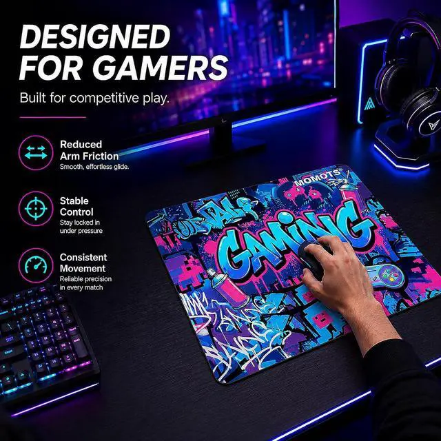 Alt view image 2 of 7 - Tempered Glass Gaming Mouse Pad Micro-Etched Hard Surface for Fast Glide & FPS 4mm Anti-Slip Silicone Base Includes PTFE Skates & Kit 13.8 x 11.8 / 350mm x 300mm Medium Cyberpunk Edition