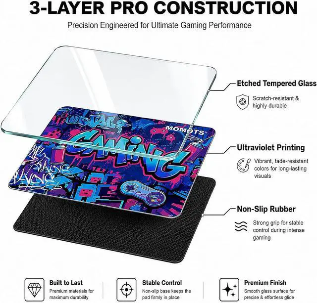 Alt view image 3 of 7 - Tempered Glass Gaming Mouse Pad Micro-Etched Hard Surface for Fast Glide & FPS 4mm Anti-Slip Silicone Base Includes PTFE Skates & Kit 13.8 x 11.8 / 350mm x 300mm Medium Cyberpunk Edition