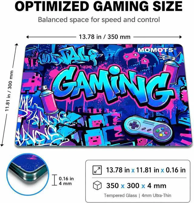 Alt view image 4 of 7 - Tempered Glass Gaming Mouse Pad Micro-Etched Hard Surface for Fast Glide & FPS 4mm Anti-Slip Silicone Base Includes PTFE Skates & Kit 13.8 x 11.8 / 350mm x 300mm Medium Cyberpunk Edition