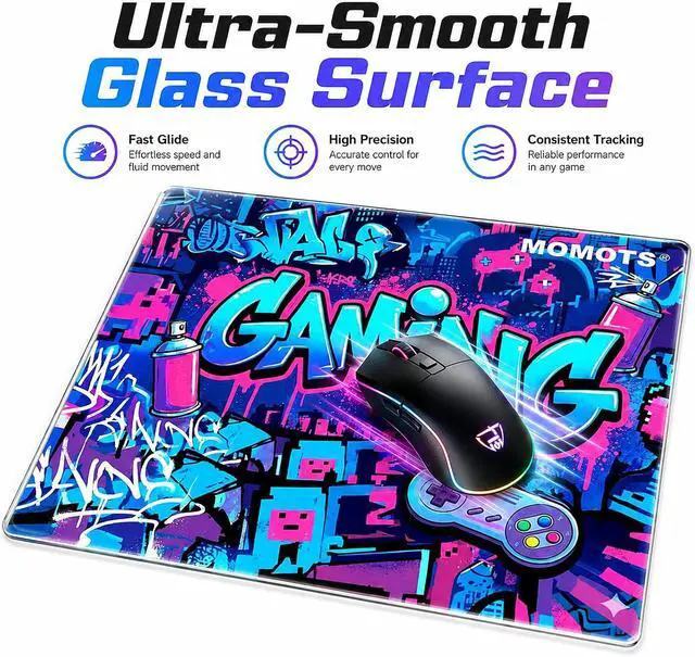 Alt view image 6 of 7 - Tempered Glass Gaming Mouse Pad Micro-Etched Hard Surface for Fast Glide & FPS 4mm Anti-Slip Silicone Base Includes PTFE Skates & Kit 13.8 x 11.8 / 350mm x 300mm Medium Cyberpunk Edition