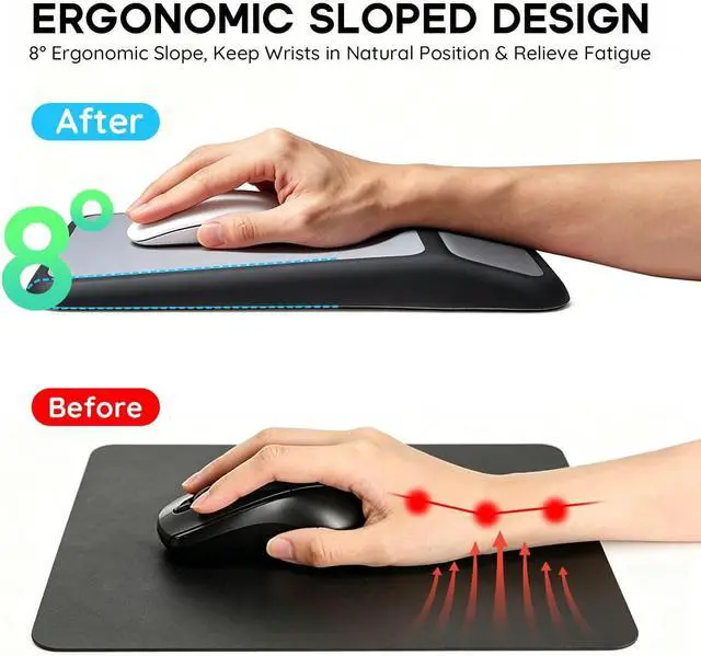Alt view image 3 of 7 - Ergonomic Mouse Pad with Wrist Rest 8°Slope Design Memory Foam Support | Spacious Lycra Surface Non-Slip Stable PU Base Pain Relief High Tracking Accuracy Fits Magic Mouse for Home Office Black