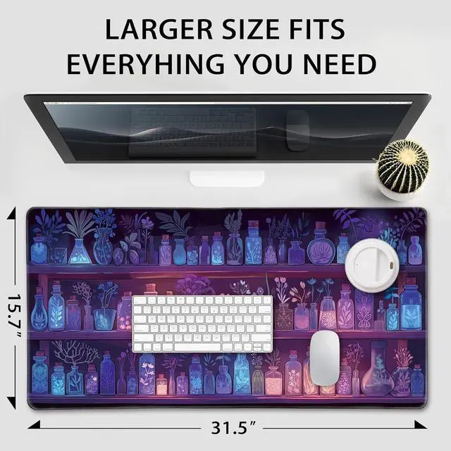 Alt view image 4 of 7 - Mystical Potion Bottles Gaming Mouse Pad 31.5x15.7XXL Desk Mat Non-Slip Rubber Base & Stitched Edges - Extended Waterproof Mousepad for PC/Laptop/Office/Home Decor