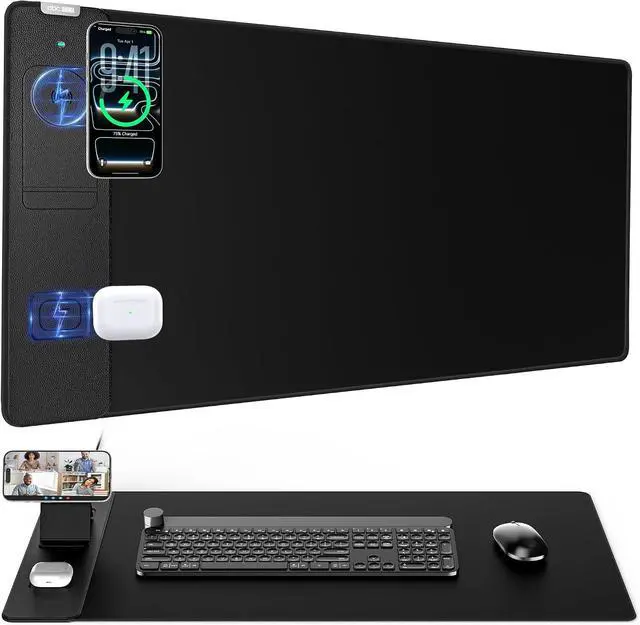 Main image of Wireless Charging Mouse Pad with Magnetic Phone Stand 31.5x15.8 Large | Waterproof Mousepad Desk Mat Smooth Glide Stitched Edge Non-Slip Rubber Base Computer Keyboard Mat No Adapter