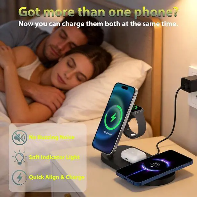 Alt view image 7 of 7 - Dual Phone Wireless Charger 30W Magnetic 4 in 1 Charging Station for Devices Charging Stand for iPhone 17/16/15/14/13/12 Series Support for Watch11/10 for 4
