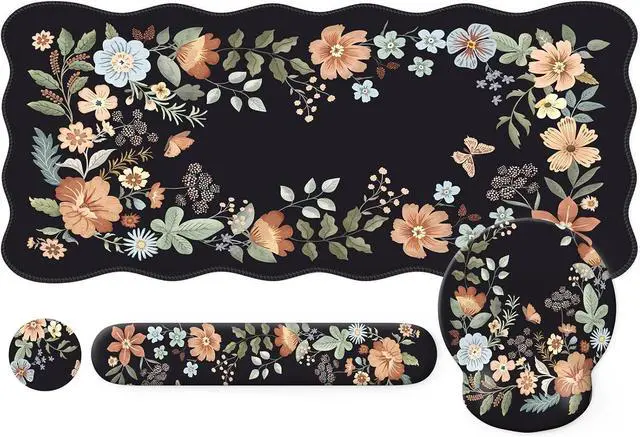 Main image of Floral Scalloped Mouse Pad Sets Desk Matt for Desktop Mouse Pad with Wrist Support Extra Large Desk Size Mouse Mat+Cup Coaster with Non-Slip Base for Women Home Office (Black)