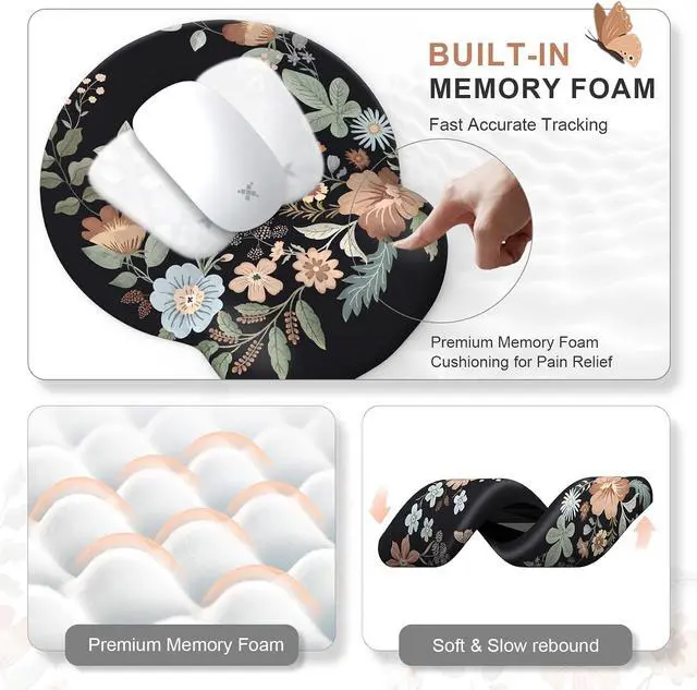 Alt view image 4 of 7 - Floral Scalloped Mouse Pad Sets Desk Matt for Desktop Mouse Pad with Wrist Support Extra Large Desk Size Mouse Mat+Cup Coaster with Non-Slip Base for Women Home Office (Black)