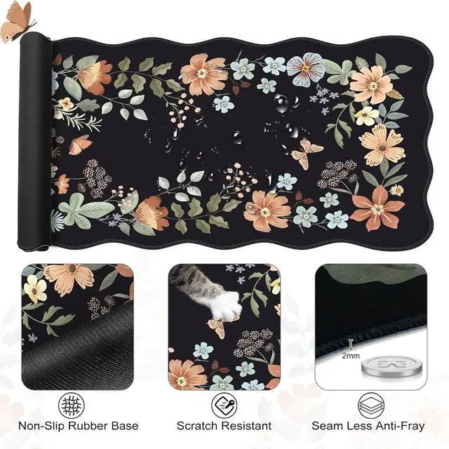 Alt view image 5 of 7 - Floral Scalloped Mouse Pad Sets Desk Matt for Desktop Mouse Pad with Wrist Support Extra Large Desk Size Mouse Mat+Cup Coaster with Non-Slip Base for Women Home Office (Black)