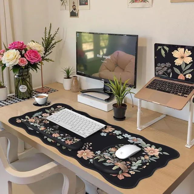 Alt view image 7 of 7 - Floral Scalloped Mouse Pad Sets Desk Matt for Desktop Mouse Pad with Wrist Support Extra Large Desk Size Mouse Mat+Cup Coaster with Non-Slip Base for Women Home Office (Black)