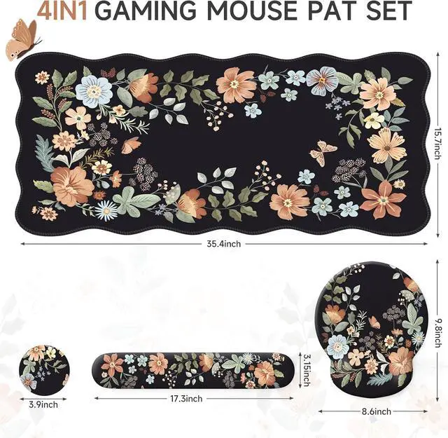 Alt view image 2 of 7 - Floral Scalloped Mouse Pad Sets Desk Matt for Desktop Mouse Pad with Wrist Support Extra Large Desk Size Mouse Mat+Cup Coaster with Non-Slip Base for Women Home Office (Black)