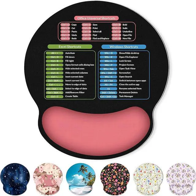 Main image of Ergonomic Mouse Pad with Wrist Rest Small Excel Cheat Sheet Desk Pad with Windows & Office & Excel Shortcuts Non-Slip Rubber Base Mouse Pads for Desk with Smooth Surface Black Pink