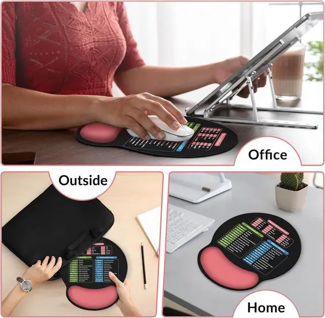 Alt view image 2 of 7 - Ergonomic Mouse Pad with Wrist Rest Small Excel Cheat Sheet Desk Pad with Windows & Office & Excel Shortcuts Non-Slip Rubber Base Mouse Pads for Desk with Smooth Surface Black Pink