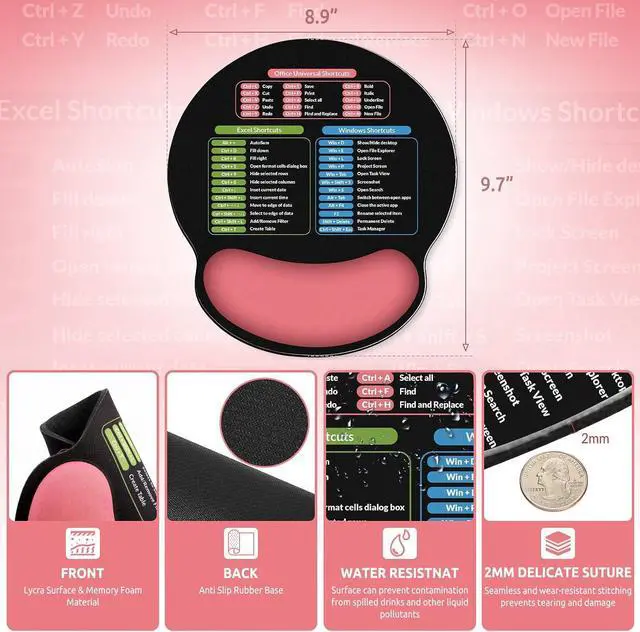 Alt view image 3 of 7 - Ergonomic Mouse Pad with Wrist Rest Small Excel Cheat Sheet Desk Pad with Windows & Office & Excel Shortcuts Non-Slip Rubber Base Mouse Pads for Desk with Smooth Surface Black Pink