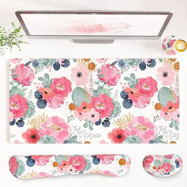 Main image of QIYI Leather Desk Mat Set 4-in-1 Large Mouse Pad with Ergonomic Wrist Rest Waterproof Desk Pad + Keyboard Wrist Rest + Mouse Wrist Support + Coaster Non-Slip Office Gaming Accessories Pink Flowers