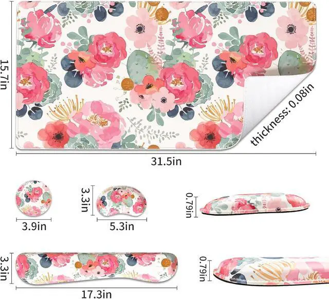 Alt view image 3 of 7 - QIYI Leather Desk Mat Set 4-in-1 Large Mouse Pad with Ergonomic Wrist Rest Waterproof Desk Pad + Keyboard Wrist Rest + Mouse Wrist Support + Coaster Non-Slip Office Gaming Accessories Pink Flowers