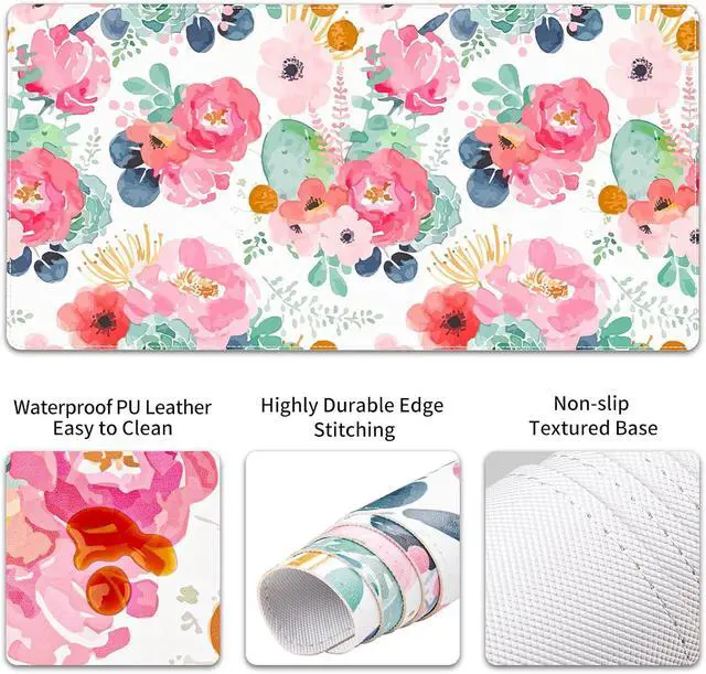 Alt view image 5 of 7 - QIYI Leather Desk Mat Set 4-in-1 Large Mouse Pad with Ergonomic Wrist Rest Waterproof Desk Pad + Keyboard Wrist Rest + Mouse Wrist Support + Coaster Non-Slip Office Gaming Accessories Pink Flowers